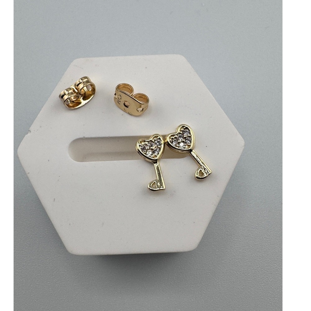 14K Gold‎ Plated Heart Key Pave Crystal Stud Earrings Gold Tone Dainty Jewelry
